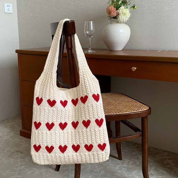 WW | Handgefertigte Stricktasche mit Herzmuster