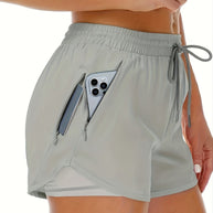 WW | Sportliche 2 in 1 Lauf Fitnessshorts in Einfarbig Mit Mehreren Taschen