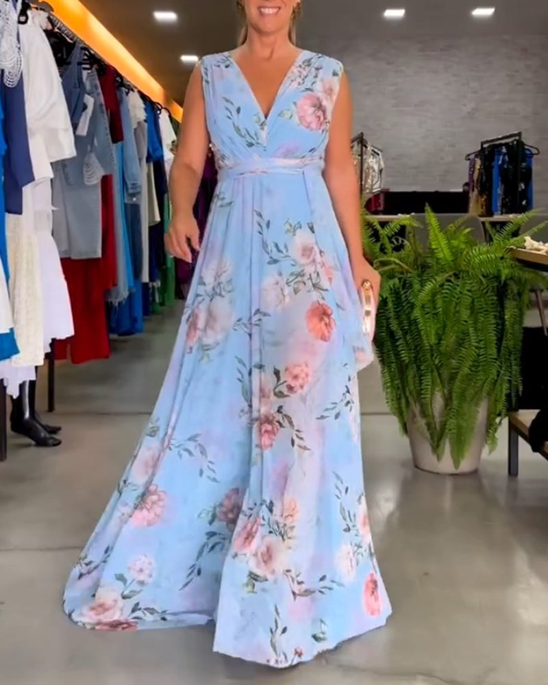 WW | Elegantes Ärmelloses V-Ausschnitt Floral Druck Kleid