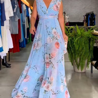 WW | Elegantes Ärmelloses V-Ausschnitt Floral Druck Kleid