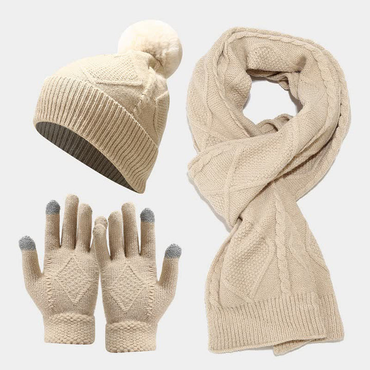 W&W Mode | 3-teiliges gestricktes Accessoire-Set - stylische Damenmütze, Schal und Handschuhe