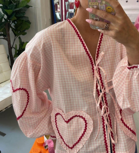 WW | Kariertes Damen V-Ausschnitt Shirt Mit Tasche Und Langarm