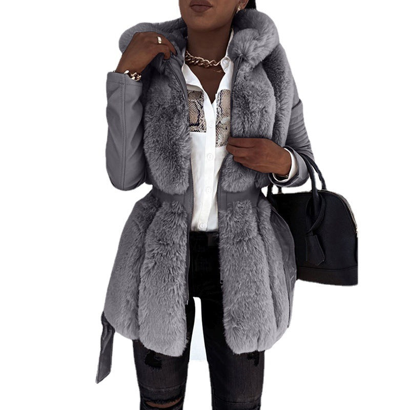 W&W Mode Stil Pelz Gürtel Gürtel Mit Kapuze Zipper Jacke für Damen