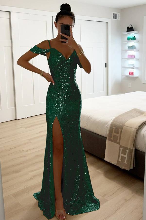 WW | Paillettenspitze Meerjungfrau Abschlussballkleider mit Schlitz Off-Shoulder Abendkleid