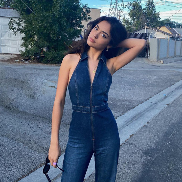 Damen Denim-Overall mit tiefem Ausschnitt und Korsett-Nähten