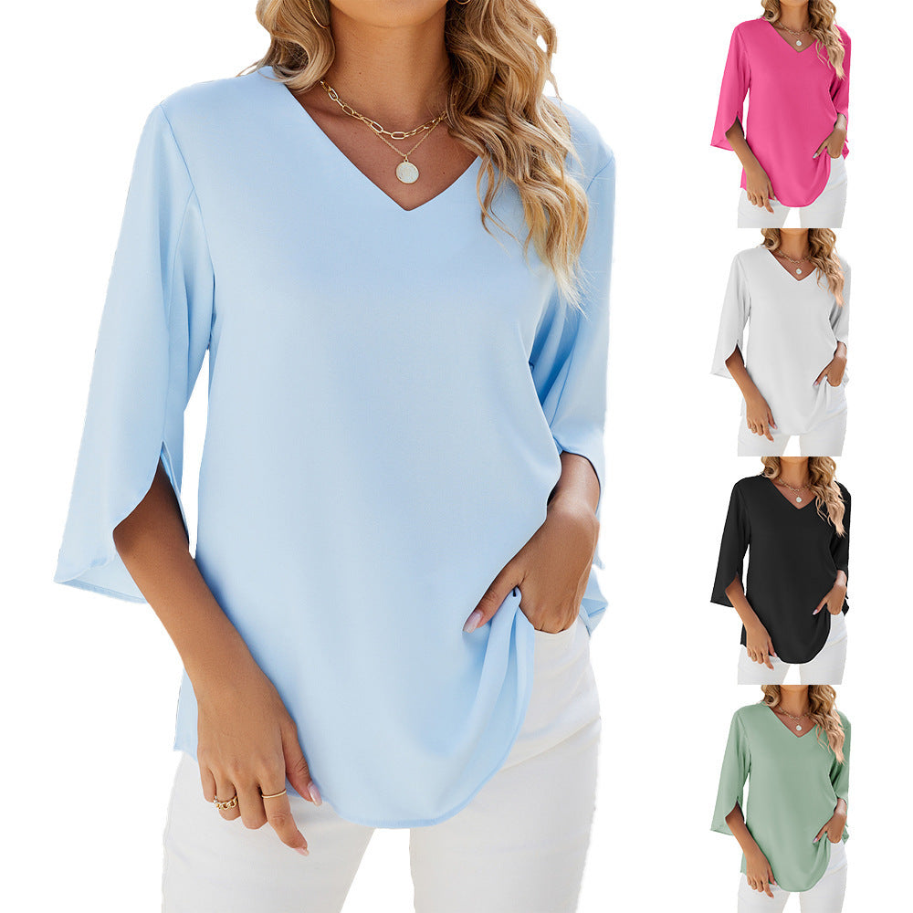 W&W Mode | Lockeres Chiffon Blusentop Mit V-Ausschnitt