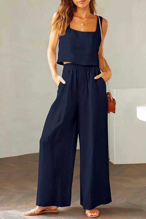 WW | Rosiedress Quadratischer Kragen Cami Crop Top Weite Bein Hose Baumwolle Leinen Set