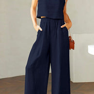 WW | Rosiedress Quadratischer Kragen Cami Crop Top Weite Bein Hose Baumwolle Leinen Set