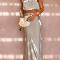 WW | Rosiedress Rollkragen ärmelloses Cropped Top Hochtaillierter Maxirock Satin Set