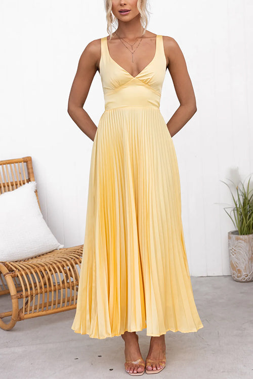 WW | V-Ausschnitt Rückenausschnitt Cut-Out Falten Maxi Cami Kleid