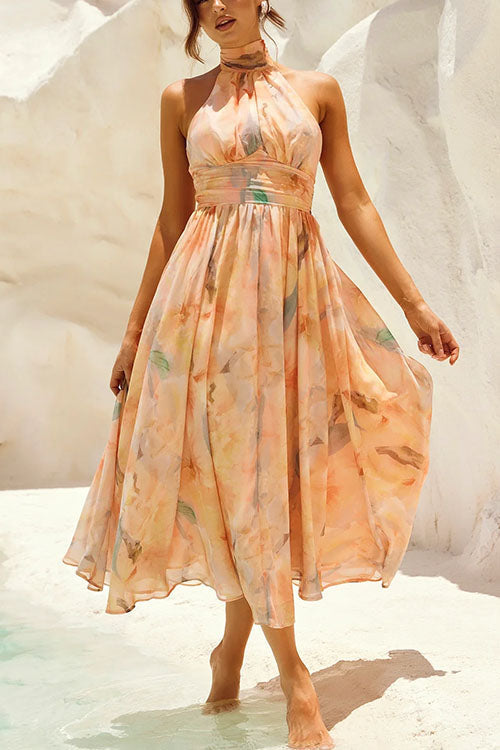 WW | Halter Bow Neck Backless Beck Print Swing Maxi Kleid