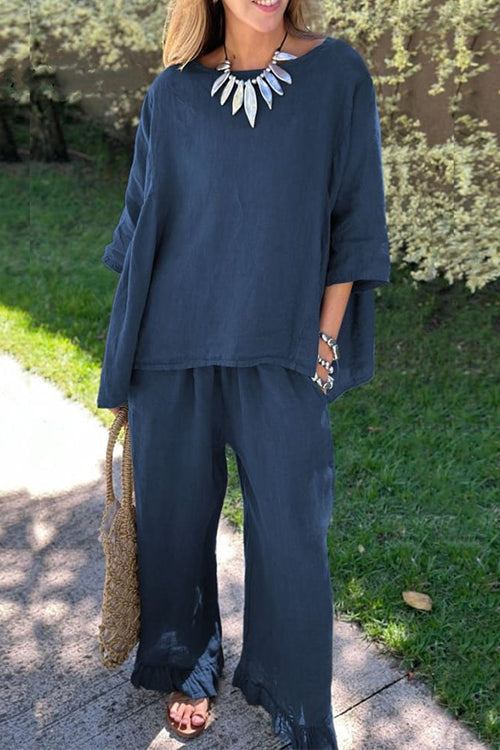 W&W Mode | Rosiedress Baumwolle Leinen 3/4 Ärmel Pullover Top Weite Hose Rüschen Saum Set