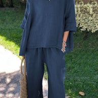 WW | Rosiedress Baumwolle Leinen 3/4 Ärmel Pullover Top Weite Hose Rüschen Saum Set