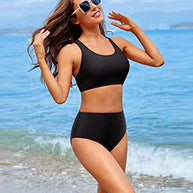 WW | Damen Zweiteiliger Bikini Sport Crop Top Badeanzug Schwarz