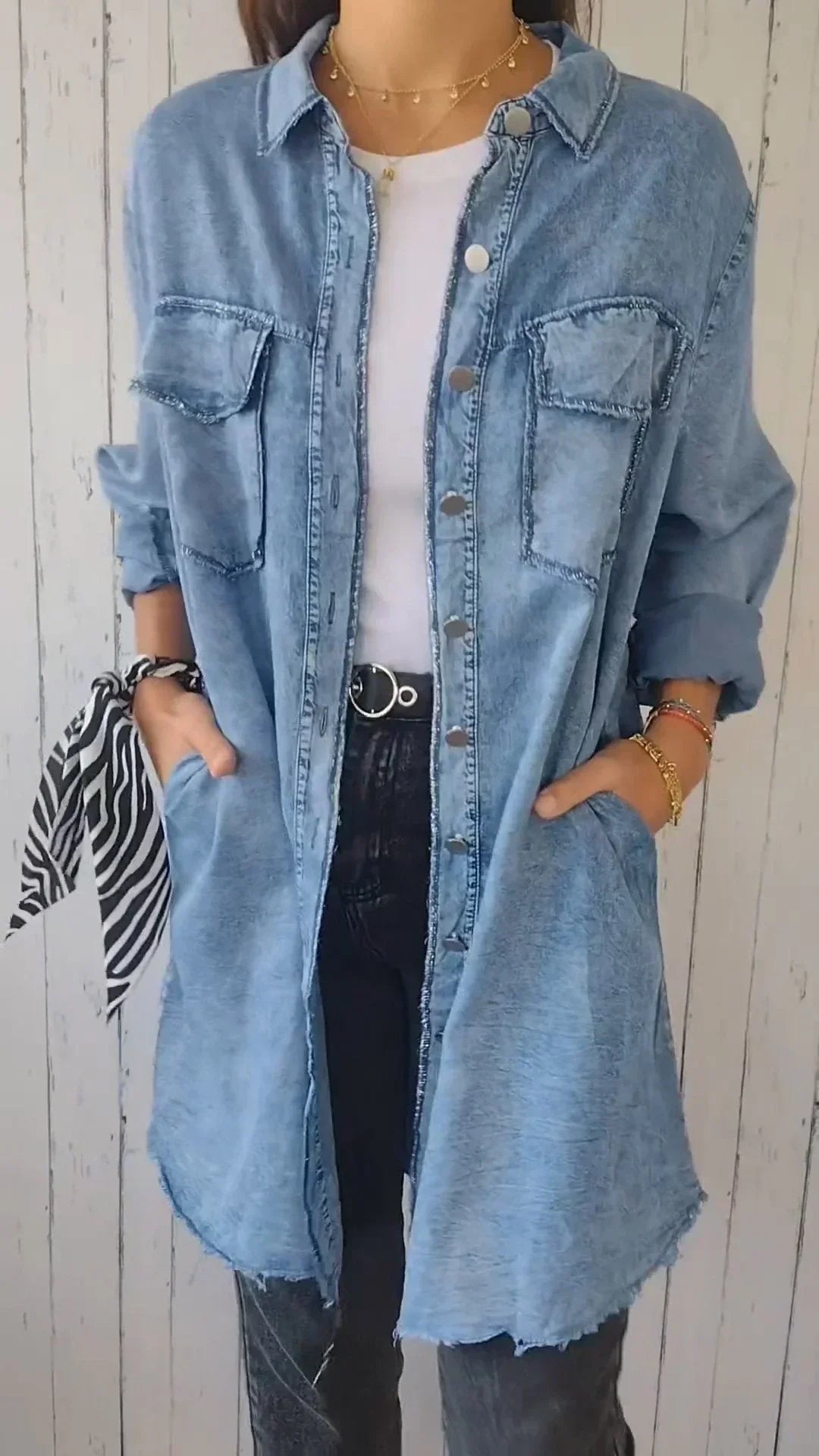 WW | Bequeme Lange Hemdbluse aus Faux-Denim