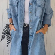 WW | Bequeme Lange Hemdbluse aus Faux-Denim