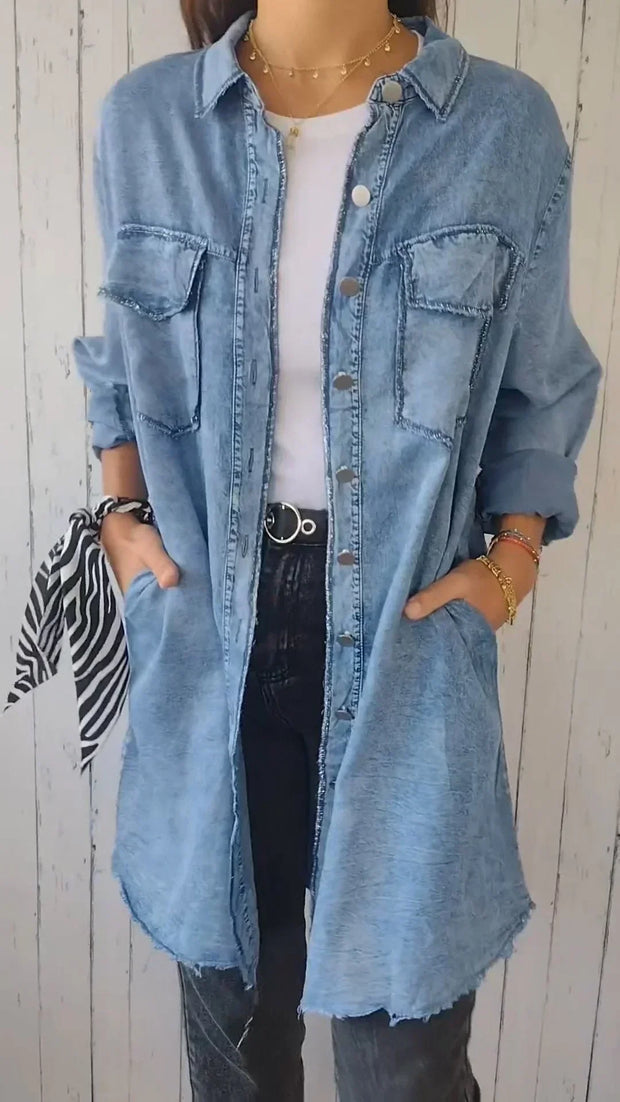 WW | Bequeme Lange Hemdbluse aus Faux-Denim