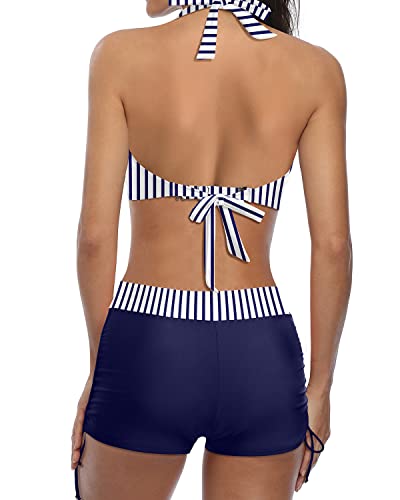 W&W Mode | Sportlicher Zweiteiler Badeanzug Mit Push up Bikini Und Boyshort Blau Weiß Gestreift