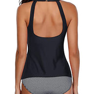 WW | Figurformender Schwarzer Tief Ausgeschnittener Tankini Mit Gestreiften Shorts
