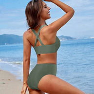 WW | Sportlicher Damen Hocher Pulli Zwei Teile Bikini Sport Crop Top Badeanzug