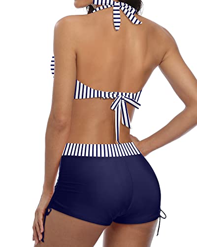 W&W Mode | Sportlicher Zweiteiler Badeanzug Mit Push up Bikini Und Boyshort Blau Weiß Gestreift