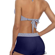 WW | Sportlicher Zweiteiler Badeanzug Mit Push up Bikini Und Boyshort Blau Weiß Gestreift