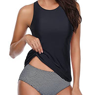 WW | Figurformender Schwarzer Tief Ausgeschnittener Tankini Mit Gestreiften Shorts