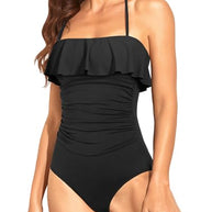 WW | Trägerlose Einteiler Bikini Für Frauen Bauchkontrolle Bandeau Badeanzüge Rüsche Schlankend Badebekleidung