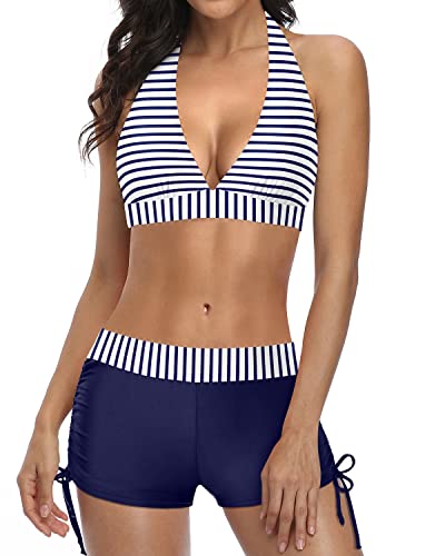 W&W Mode | Sportlicher Zweiteiler Badeanzug Mit Push up Bikini Und Boyshort Blau Weiß Gestreift