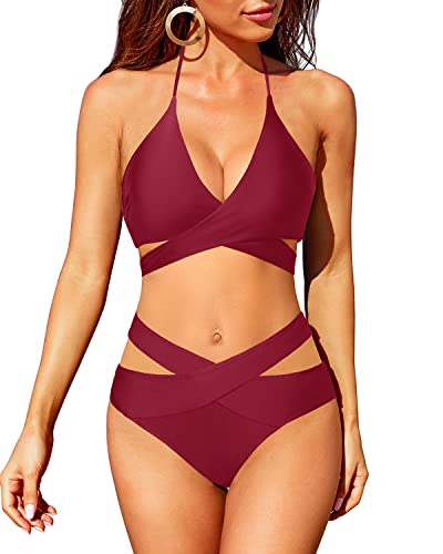 W&W Mode | Hochtailliertes Bikini Badeanzug Push up Halter Wickel Criss Cross 2 Teiliges Satz