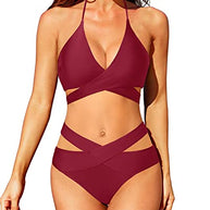 WW | Hochtailliertes Bikini Badeanzug Push up Halter Wickel Criss Cross 2 Teiliges Satz