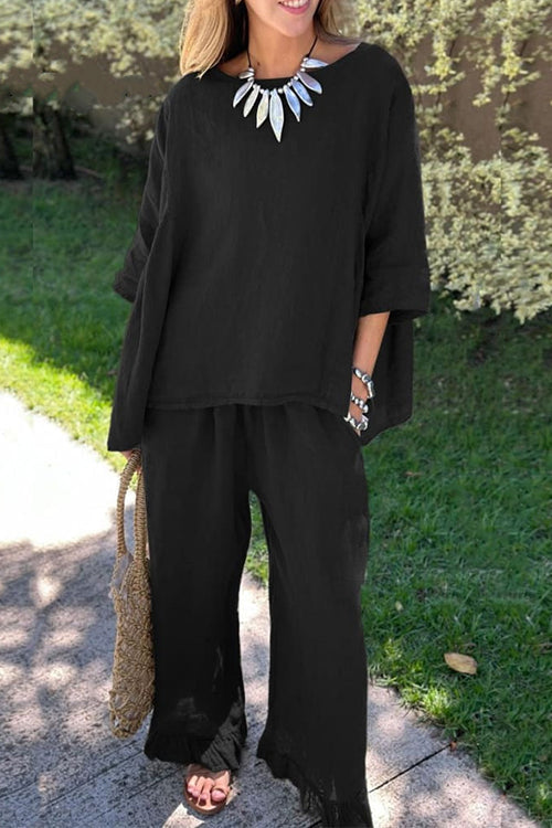 W&W Mode | Rosiedress Baumwolle Leinen 3/4 Ärmel Pullover Top Weite Hose Rüschen Saum Set