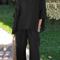 WW | Rosiedress Baumwolle Leinen 3/4 Ärmel Pullover Top Weite Hose Rüschen Saum Set