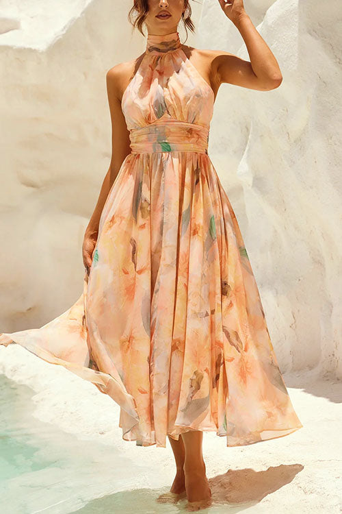 WW | Halter Bow Neck Backless Beck Print Swing Maxi Kleid