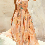 WW | Halter Bow Neck Backless Beck Print Swing Maxi Kleid