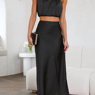 WW | Rosiedress Rollkragen ärmelloses Cropped Top Hochtaillierter Maxirock Satin Set