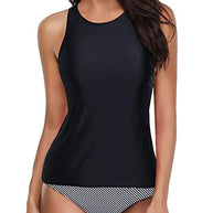 WW | Figurformender Schwarzer Tief Ausgeschnittener Tankini Mit Gestreiften Shorts