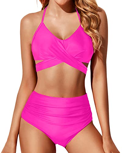 WW | Push up Front Criss Cross Wrap Zweiteiliger Bikini Für Frauen Neon Pink
