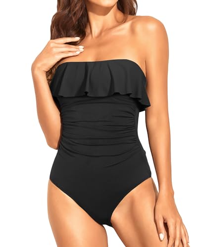 WW | Trägerlose Einteiler Bikini Für Frauen Bauchkontrolle Bandeau Badeanzüge Rüsche Schlankend Badebekleidung