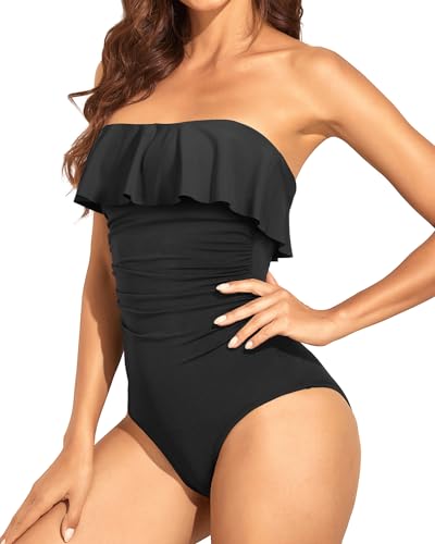 WW | Trägerlose Einteiler Bikini Für Frauen Bauchkontrolle Bandeau Badeanzüge Rüsche Schlankend Badebekleidung
