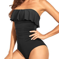 WW | Trägerlose Einteiler Bikini Für Frauen Bauchkontrolle Bandeau Badeanzüge Rüsche Schlankend Badebekleidung
