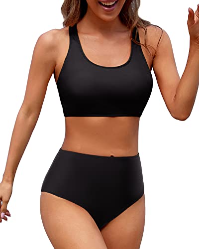 WW | Damen Zweiteiliger Bikini Sport Crop Top Badeanzug Schwarz