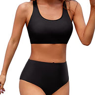 WW | Damen Zweiteiliger Bikini Sport Crop Top Badeanzug Schwarz