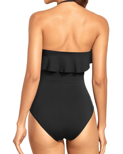WW | Trägerlose Einteiler Bikini Für Frauen Bauchkontrolle Bandeau Badeanzüge Rüsche Schlankend Badebekleidung