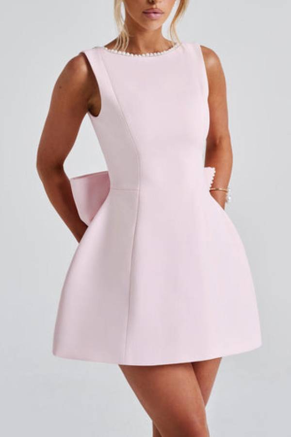 WW | Stylisches mit Perlen Verziertes Großes Schleifen Slim-Fit Mini-Kleid