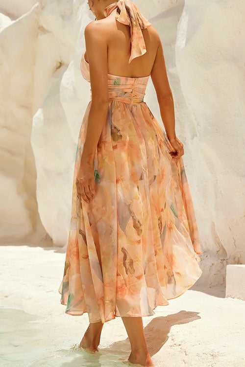 WW | Halter Bow Neck Backless Beck Print Swing Maxi Kleid