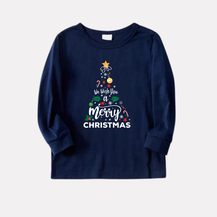 WW | "We Wish You a Merry Christmas" Bedrucktes Blau Langarmshirt Mit Blau & Rotem Karomuster Familie Passende Pyjamas
