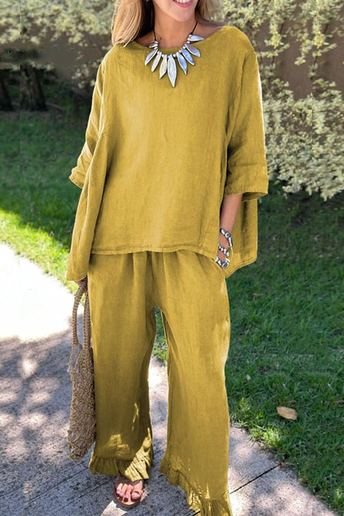 WW | Rosiedress Baumwolle Leinen 3/4 Ärmel Pullover Top Weite Hose Rüschen Saum Set