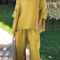 WW | Rosiedress Baumwolle Leinen 3/4 Ärmel Pullover Top Weite Hose Rüschen Saum Set