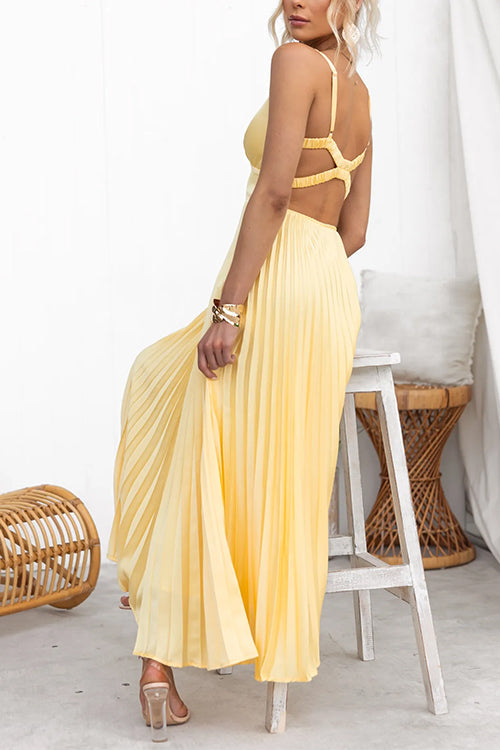 WW | V-Ausschnitt Rückenausschnitt Cut-Out Falten Maxi Cami Kleid